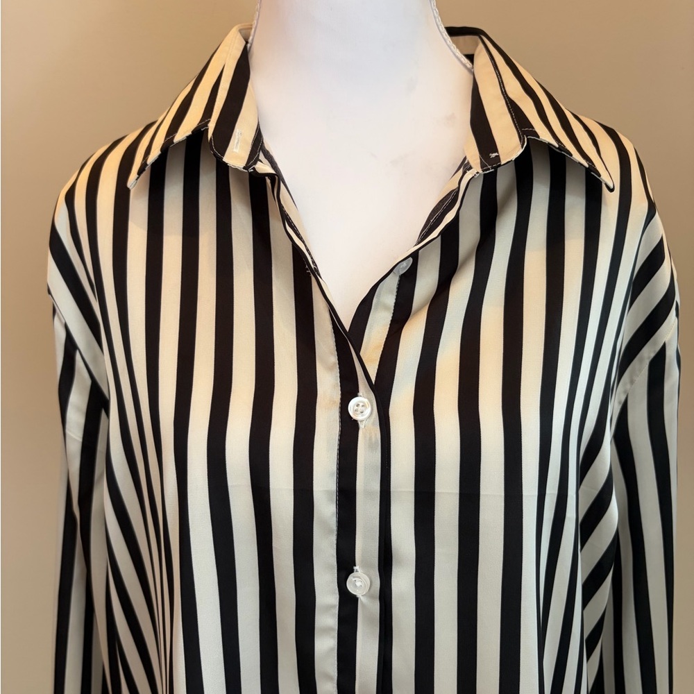 #458 Women's Black & White Vertical Stripe Button-Down Shirt. Size L - Picture 2 of 8